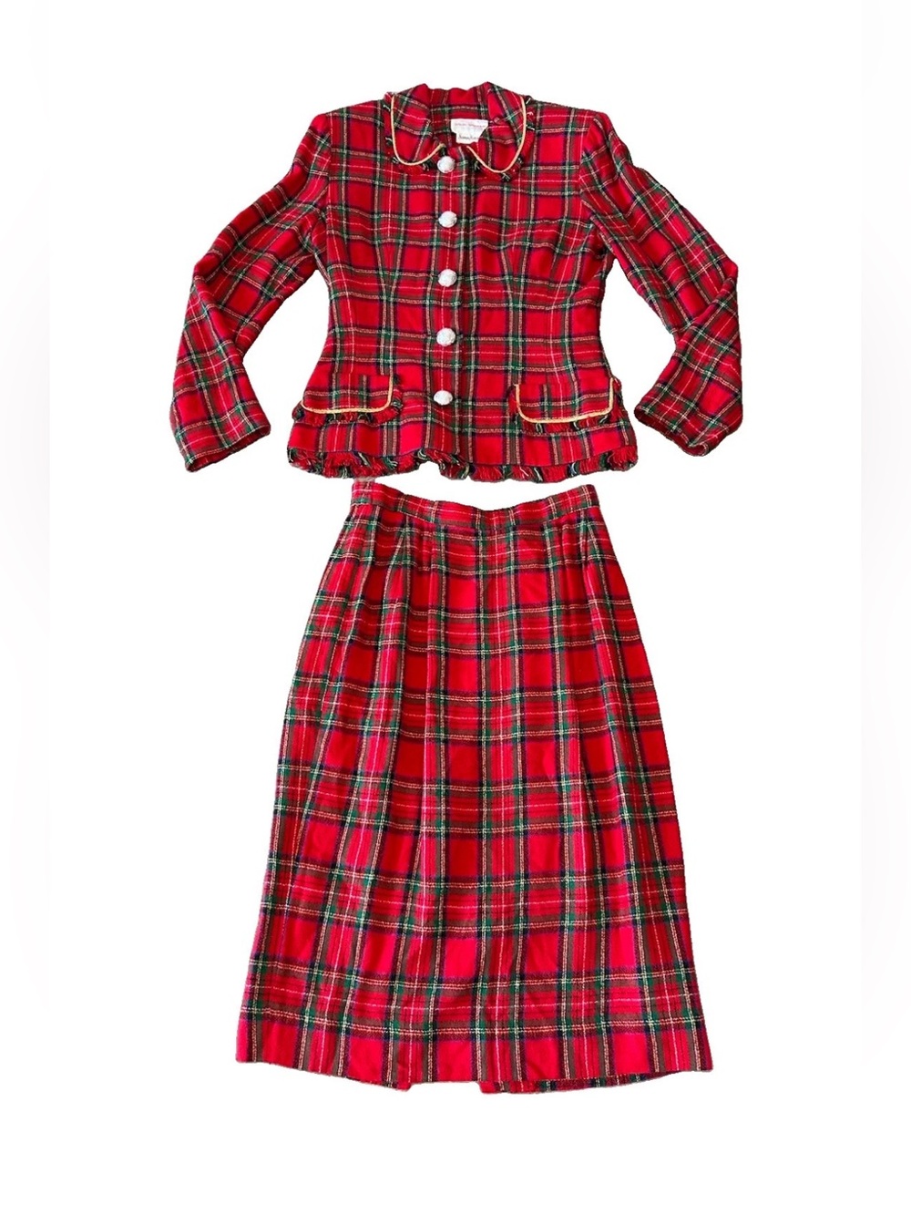 Vintage 80s David Warren Neiman Marcus Red Tartan Plaid Skirt Suit Set 6